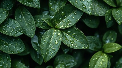 Fototapeta premium Closeup of Dew Covered Green Leaves after Rain in Lush Natural Environment : Generative AI