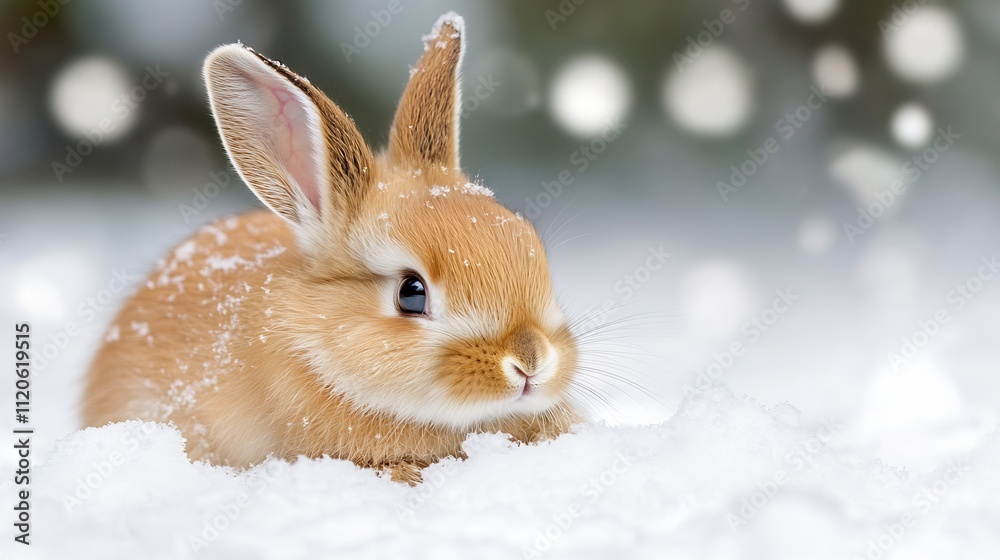 Aufkleber charming ginger bunny nestled in snow surrounded by frosty forest : generative ai