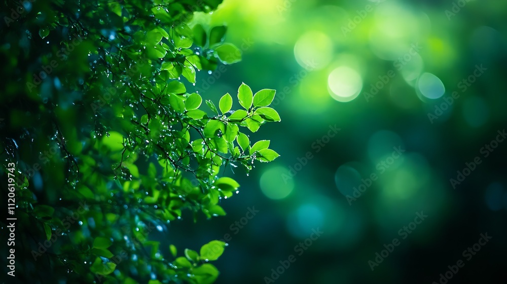 Poster vibrant green foliage with dew drops in a serene natural background : generative ai