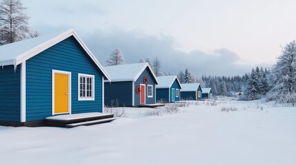 Colorful Winter Cabins in Snowy Landscape with Frosty Trees