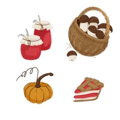Collection of autumn-themed illustrations: jars of jam with lavender, wicker basket filled with mushrooms, orange pumpkin with curly stem, and a slice pie. Seasonal food for design and print