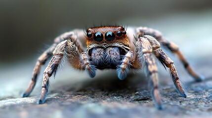 Macro Photography of a Jumping Spider with Detailed Eyes and Legs on Natural Surface : Generative AI