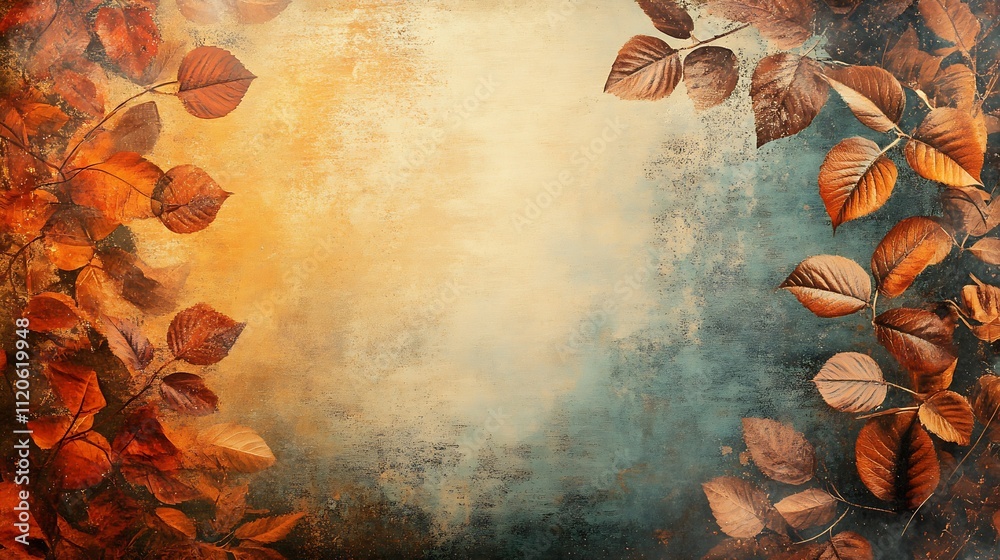 Poster Vintage Autumn Leaf Border Background with Rustic Textured Surface : Generative AI