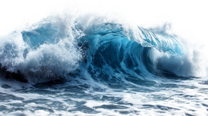 A powerful ocean wave crashes against the shore, creating a dynamic splash of water. The sun reflects off the turquoise surface, highlighting the beauty and movement of the sea.