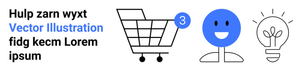 Shopping cart with notification icon, blue smiling user icon, light bulb representing ideas. Ideal for e-commerce, online shopping, user experience, notifications, innovation, entrepreneurship