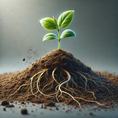 Una planta joven que emerge del suelo, mostrando sus ra&iacute;ces en un entorno limpio y natural. Esta imagen simboliza el inicio de la vida y la conexi&oacute;n con la tierra.