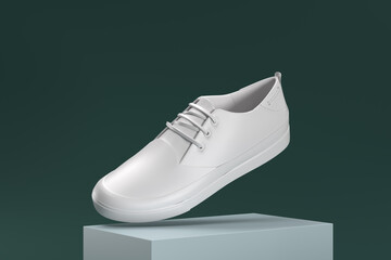 A white shoe with a black laces is shown in a 3D rendering
