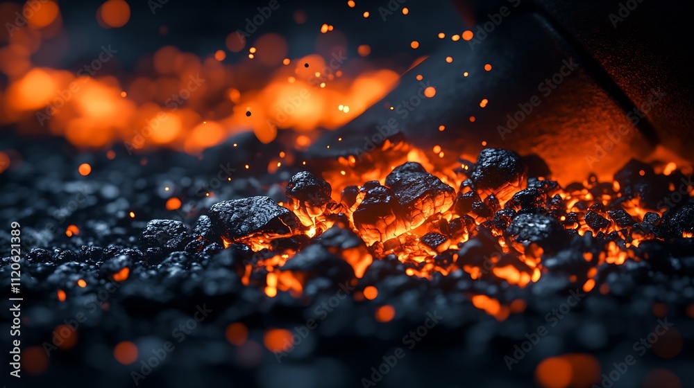 Poster intense glowing ember sparks with heat energy and fiery visual dynamics in dark atmosphere : generat
