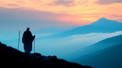 Silhouette of a shepherd with a staff walking along a mountain ridge at sunrise generative ai