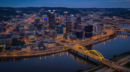 Obraz premium Colorful Cityscape Aerial View at Twilight