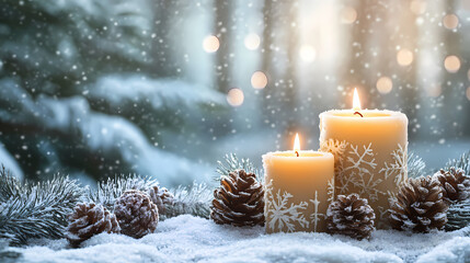 Enchanting Holiday Scene: Candles and Decorations in a Snow-Kissed Winter Forest Setting