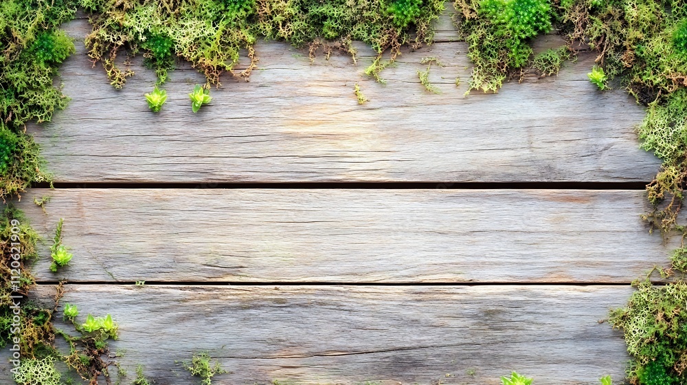Poster rustic wooden background with moss edging for ecofriendly and natural decor inspiration : generative