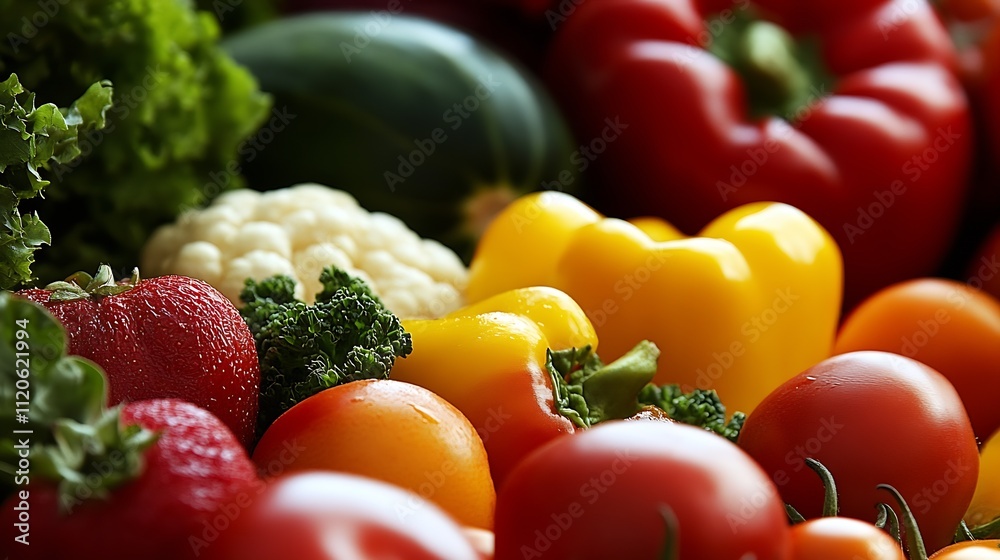 Poster organic assortment of summer vegetables and red strawberries in a vibrant market display : generativ