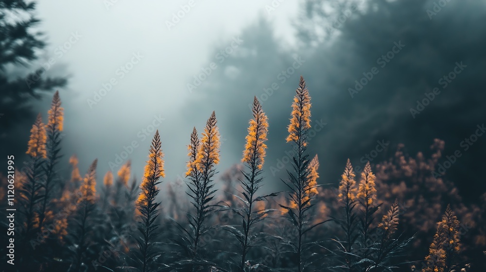 Poster misty forest with goldenrod in bloom captures ethereal morning light through foggy meadow setting : 