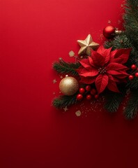 A vibrant display of Christmas decorations featuring a star and poinsettia against a rich red backdrop, evoking festive cheer and holiday spirit.