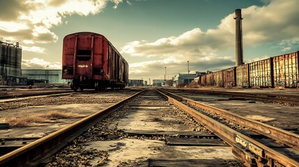 Obraz premium Desolate Railway Track with Vintage Red Boxcar and Industrial Backdrop During Golden Hour : Generative AI