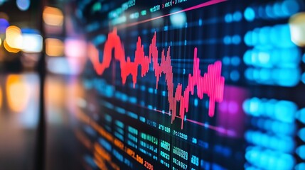 Digital financial stock market chart with fluctuating graphs and abstract neon colors in dynamic display : Generative AI