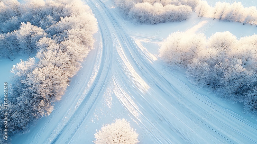 Poster Winter Wonderland with Snowy Roads and Frosted Trees from Above : Generative AI
