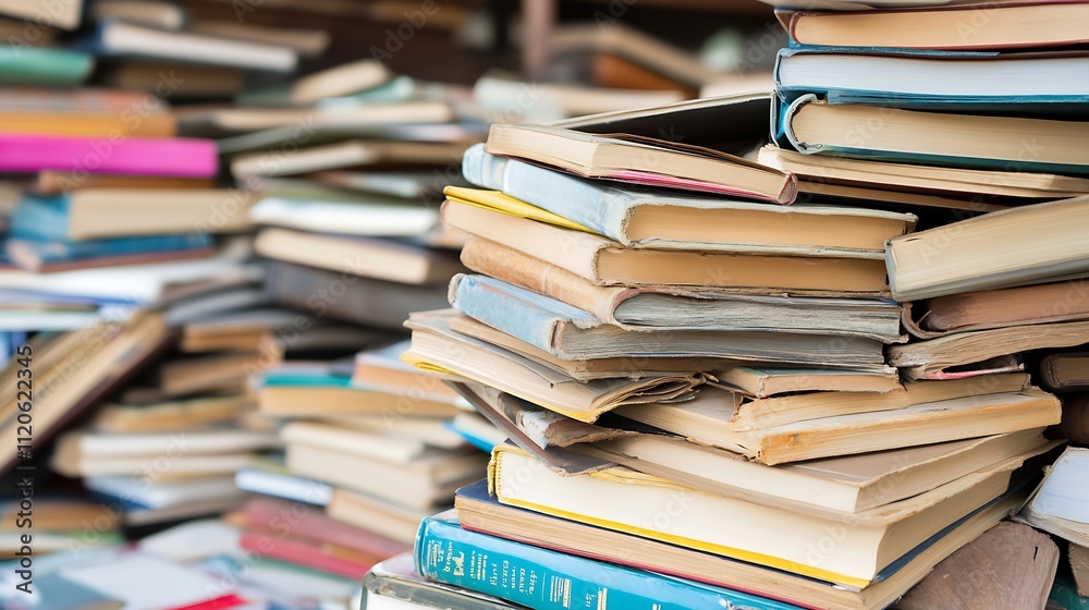 Aufkleber pile of diverse books symbolizing knowledge and literary exploration : generative ai