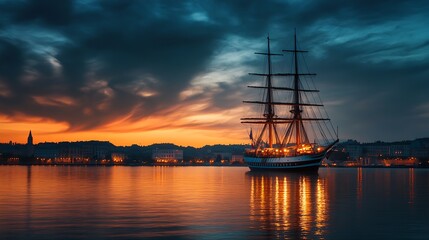 Illuminated tall ship casting silhouette against dramatic twilight city harbor : Generative AI