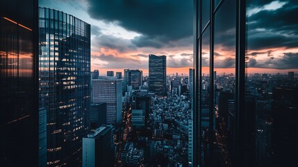 Obraz premium Cityscape View from Skyscraper Window at Twilight with Dramatic Cloudscape : Generative AI