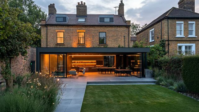 Contemporary home design with a glass extension showcasing modern architecture in a quiet suburban neighborhood