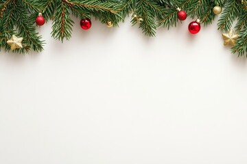 Festive Christmas tree branches adorned with vibrant red and gold ornaments, set against a clean white background, embodying holiday cheer and elegance.