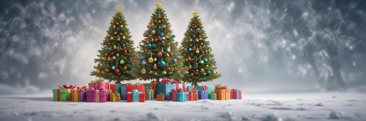 Obraz premium Colorful Christmas tree with gift boxes on a frosty winter background, snowflakes, colorful gift boxes