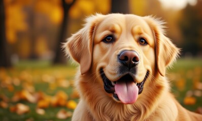 Golden retriever in autumn park
