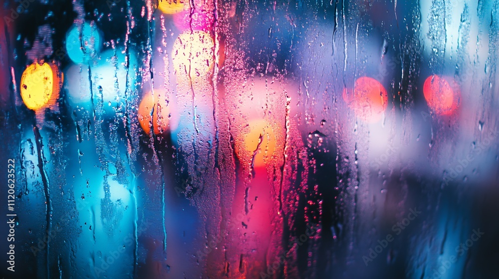 Poster moody city lights through wet glass creating a neon bokeh effect at night : generative ai