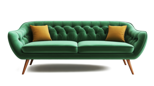 Stylish green sofa features tufted upholstery, complemented by yellow throw pillows. Its wooden legs add a modern touch, making it perfect for contemporary living spaces or cozy reading nooks.