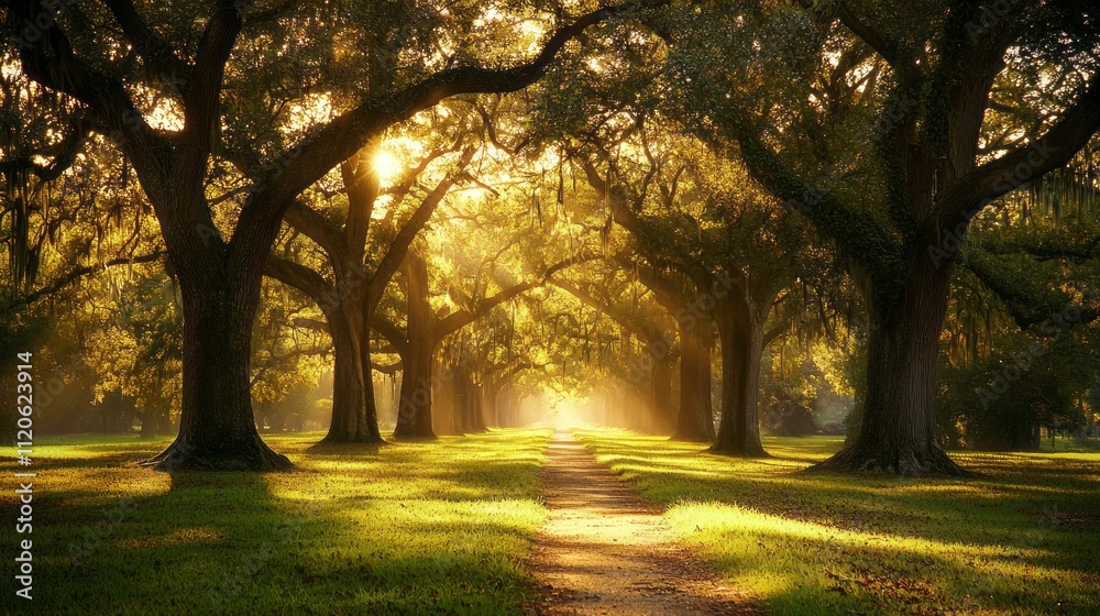 Aufkleber sunlight filters through the lush green leaves of tall oak trees, creating a magical pathway bathed 
