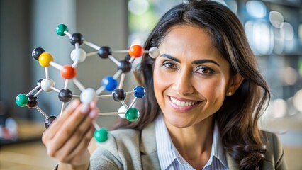 Smiling professional holding molecular model in modern office environment