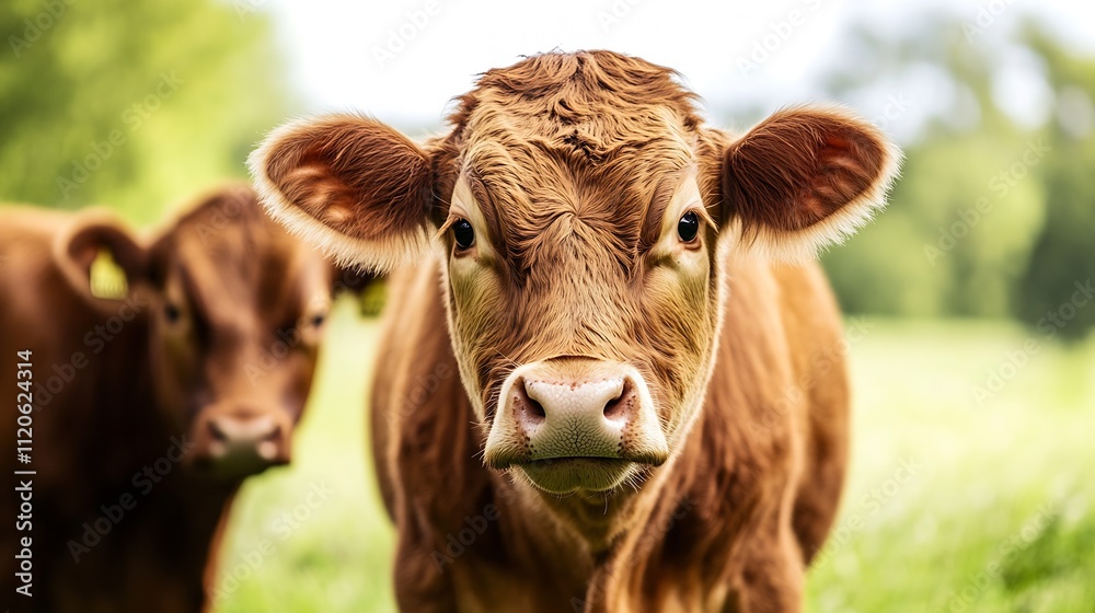 Poster upclose portrait of a curious young brown calf in a verdant meadow setting : generative ai