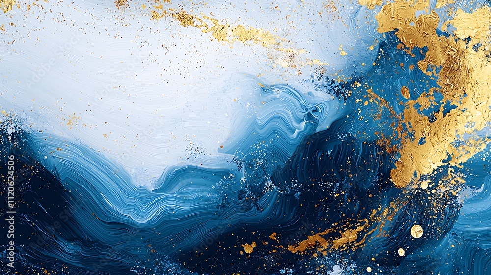 Poster Sophisticated Blue and Gold Abstract Art with Dynamic Texture and Fluid Form : Generative AI
