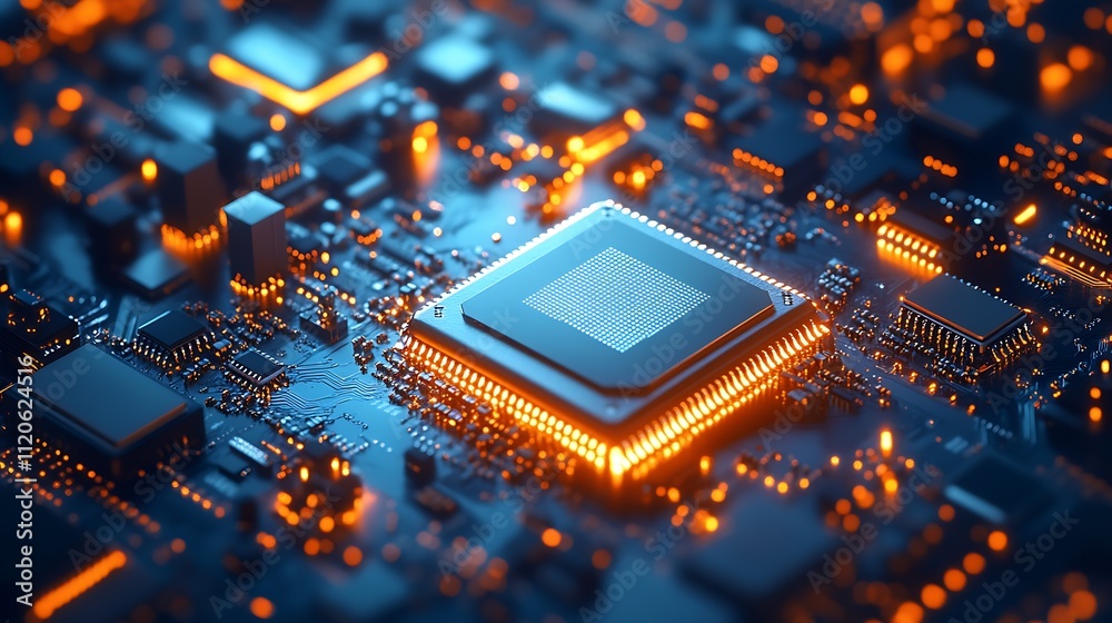 Aufkleber Closeup of a glowing microchip on a circuit board with blurred background : Generative AI