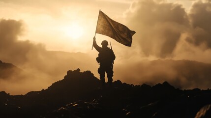 soldier raising a flag on top of a war-torn hill, generative ai