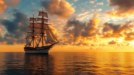 Obraz premium Majestic sailing ship at sunset on tranquil ocean waters with golden clouds : Generative AI