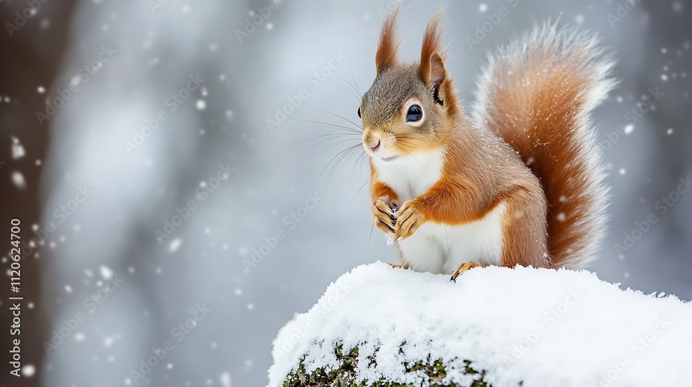 Poster Charming Red Squirrel on Snowy Branch Adorned with Delicate Snowflakes : Generative AI