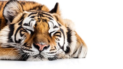 Fototapeta premium Peaceful Sleeping Tiger with Striking Stripes on a White Background : Generative AI
