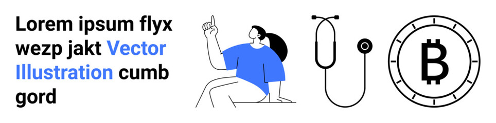 Male character pointing, wearing blue and white, stethoscope, large Bitcoin symbol in black, placeholder text. Ideal for financial technology, blockchain, healthcare, user interfaces, digital