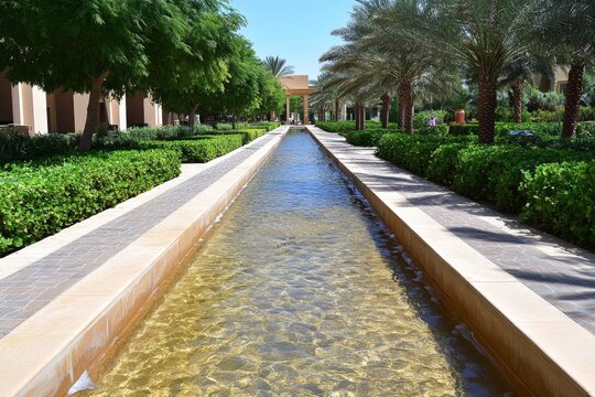 A photo of a traditional Arabian falaj (irrigation channel) running through a lush garden in Abu Dhabi, with greenery surrounding it