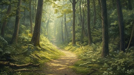 Obraz premium Tranquil forest trail through lush evergreens