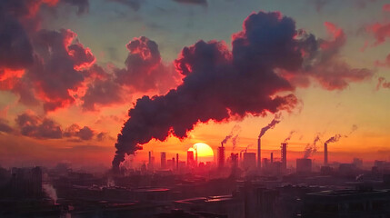 Dramatic industrial sunset with smoke stacks and intense clouds