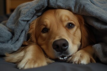 A cheerful young golden retriever with a warm smile lies under a light gray plaid. The pet stays cozy under a blanket during the cold winter. This represents the concept of pet friendliness and care