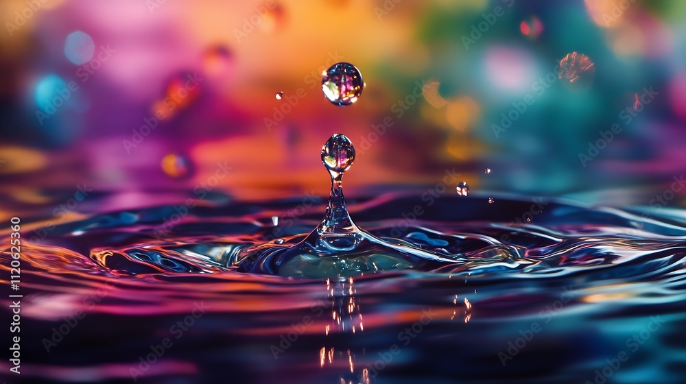 Poster Captivating Water Drop Splash in Multicolored Light on Ripple Surface : Generative AI