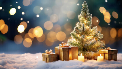 A small illuminated Christmas tree and wrapped gold presents sitting in snow, surrounded by glowing bokeh lights and candles.
