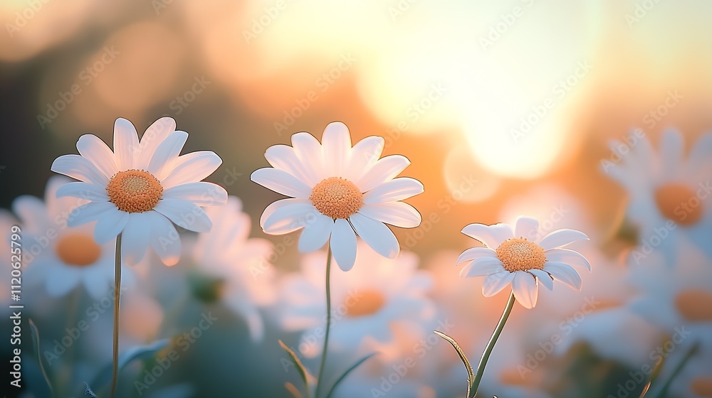 Poster beautiful sunrise over daisy field with warm golden light and bokeh effect : generative ai