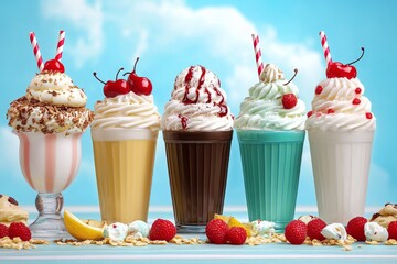 A retro-style poster of a 1950s ice cream parlor scene, with vibrant milkshakes, sundaes, and cheerful typography in muted tones