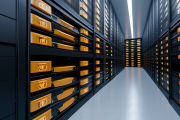 A room full of archive tapes representing decades of database backups, stacked neatly with glowing labels